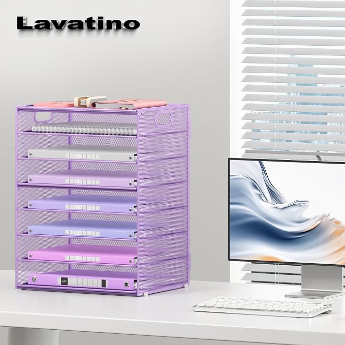 Lavatino 2 Pack 8-Tier Office Desk File Organizer, Letter Tray Paper Organizer with Handle, Including 5 Adjustable Slide Trays for Organizing Desk Workspace Accessories and Supplies (Purple Mesh)