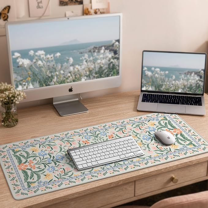 iCasso Aesthetic Floral Desk Mat, L Mouse Pads, Anti-Slip Mousepad with Stitched Edges, Waterproof Computer Pad 11.8"x31.5", Green Desk Accessories Office Decor for Women(Green Floral)