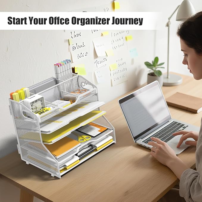 YINGHUA 5 Tier Paper Tray Letter Organizer with Top 6 Adjustable Compartments - Paper Sorter Office Desktop Accessories with Handles for Document,Mail,School Supplies Storage,White