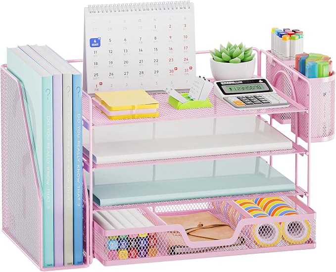 Marbrasse Desk Organizer and Accessories,4-Tier Paper Letter Tray Organizer with File Holder, Workspace Desk Organizers Accessories with Drawer and 2 Pen Holder (Pink, 15.4" x 9.1" x 8.3")