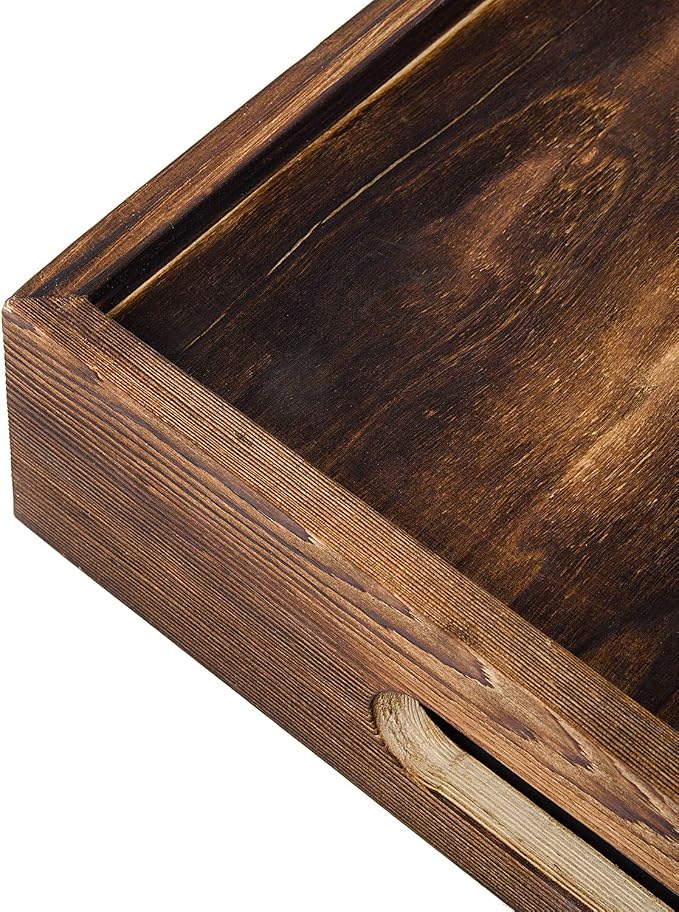Rustic Brown Wood Food Serving Tray Cutout Handles Breakfast in Bed Coffee Wine Rectangular Ottoman Nesting Crate Tabletop Storage Box Desktop Document Holder Party Office Home Kitchen