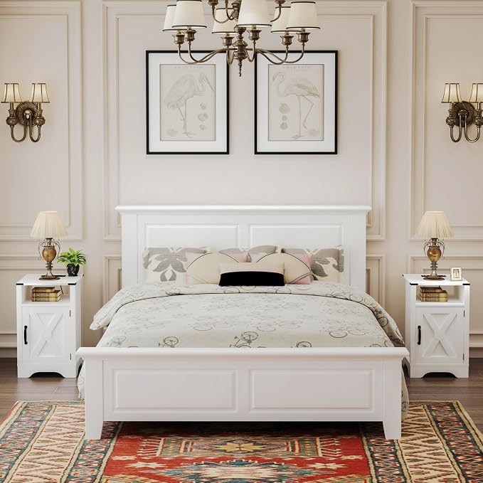 RoyalCraft 25" Tall Nightstand Set of 2, Farmhouse Nightstand with Charging Station, Large End Table with Storage, White Wood Bedside Table for Bedroom, White
