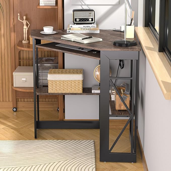 VECELO Corner Desk, Triangle Computer Desk for Small Space with Charging Station and Keyboard Tray, Corner Makeup Table with Storage Shelves for Home Office Bedroom, 41x30, Rustic Brown