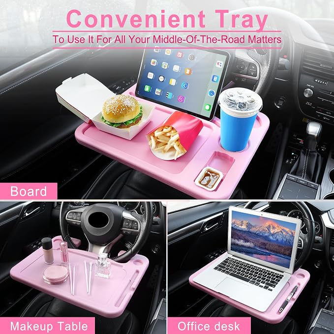 JUSTTOP 4 in 1 Car Steering Wheel Desk for Laptop,Versatile Upgraded Car Seat Tray,Spacious Steering Wheel Table with Tablet Holder and Dual Sauce Racks,Steering Wheel Under Table Console (Large+Pink)