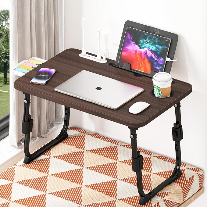 Lap Desk for Bed, Adjustable Laptop Desk with USB Charging Port, Storage Drawer & Bookshelf — Foldable Bed Desk for WFH & Students, 23.6" Desktop Fits 21" Laptop, Non-Slip, Walnut