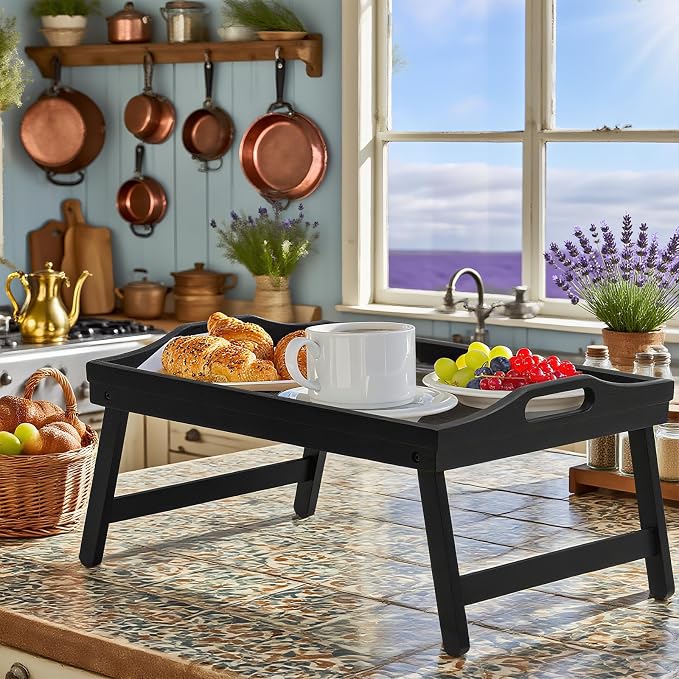 Bamboo Breakfast Tray Table with Folding Legs for Bed Table Sofa - Eating & Laptop Tray Bamboo with Folding Legs (Black)
