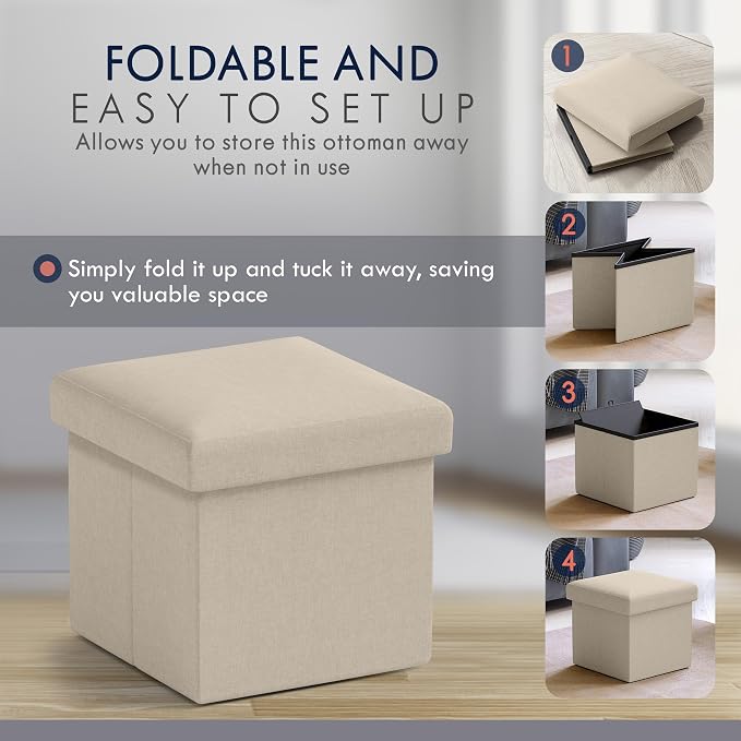 Ornavo Home Small Storage Ottoman Foldable Collapsible Cube Square Linen Ottoman Foot Rest Stool Seat, for Living Room, Bedroom, Home Office, Dorm - 12 x 12 x 12, Beige