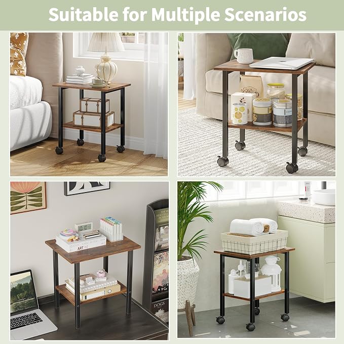 2 Tier Printer Stand with Storage, Under Desk Printer Table, Space-Saving Printer Table with Locking Wheels, Rolling Printer Cart for Home Office, Rustic Brown