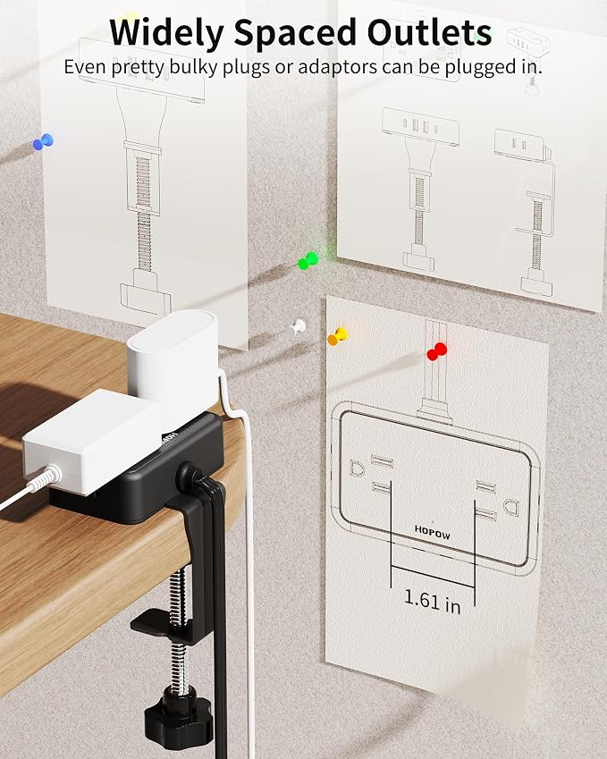 HOPOW Desk Clamp Power Strip, 2 Pack Desktop Mount Charging Station with 4 Outlets 4 USB Ports (2 USB C), 10Ft Under Desk Power Strip, Fits 2.75" Tabletop Edge, Extension Cord for Home Office, Black
