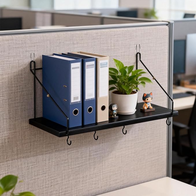 2 Pack Black Cubicle Shelf With Hooks For Fabric Walls, 12'' Wooden Office Cubicle Accessories for Work, Floating Wall Shelf for Decor, Hanging Organizer for Cubicle Wall Storage & Office Decorations