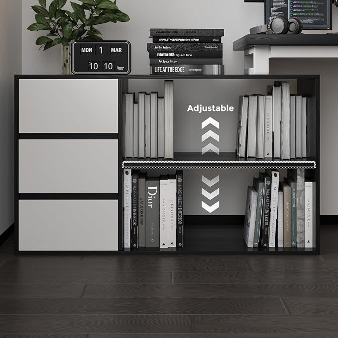 Mekminop L Shape Computer Desk with 3 Drawers and 2 Shelves, Home Office Desk Corner Small Desk with Storage Cabinet for Writing Study Executive – Black and White