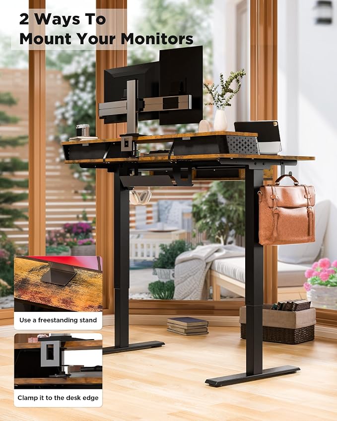 FiCiHi Electric Standing Desk with Four Drawers, 55 x 24 Inch Adjustable Height Sit Stand Desk, C-Clamp Compatible Home Office Desk with Storage Shelf & Monitor Stand Riser, Rustic Brown