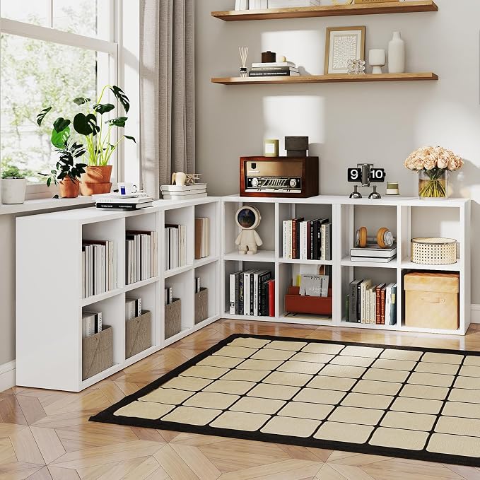 IRONMIX Metal 4 Cube Storage Organizer with 2 Storage Basket, Short Bookshelf with Storage, Horizontal Bookshelf, 2 Tier Open Bookcase Cube Shelf for Home Office Library (White, 700 with Basket)