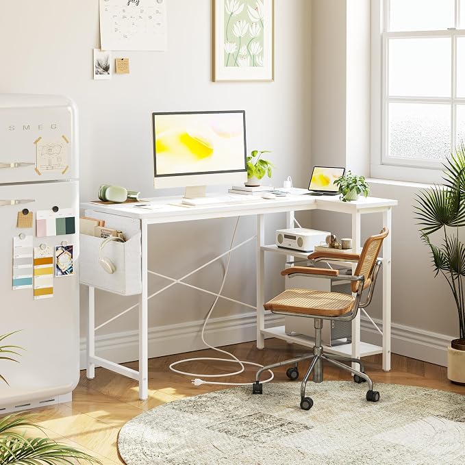 TIQLAB L Shaped Computer Desk with Power Outlets, 47 Inch Small Corner Desk with Reversible Shelves, Gaming Desk Computer Table Study Writing Desk for Home Office Small Space, White