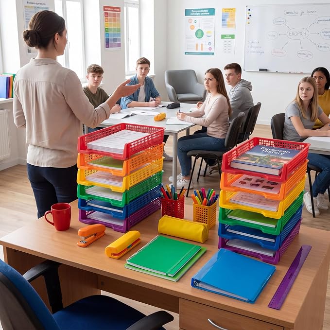 Geetery Set of 12 Plastic Trays for Teachers Turn in Trays Classroom Stackable Paper Tray Plastic Classroom Teachers Desk Letter Organizer Storage Baskets for Office, Desk, Home (Rainbow Color)
