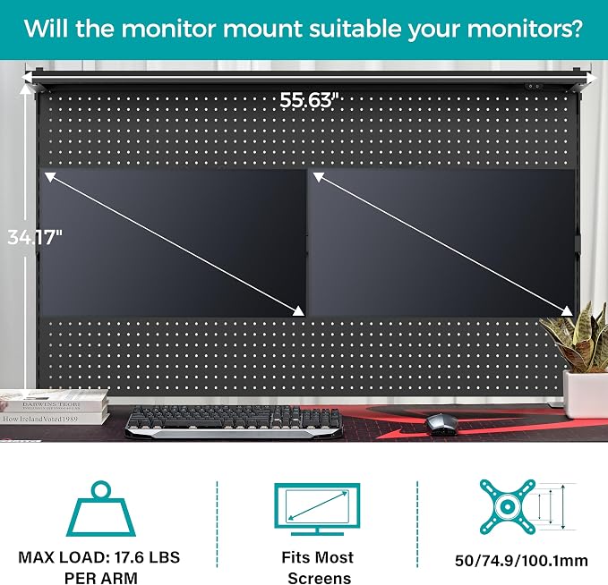 EUREKA ERGONOMIC Desk Pegboard with Dual Monitor Stands, LED Metal Pegboard for Gaming Desk, Privacy Panel with 4 Accessories Modular Hanging, Computer Accessories for Office, 59 x 34 Inch, Black