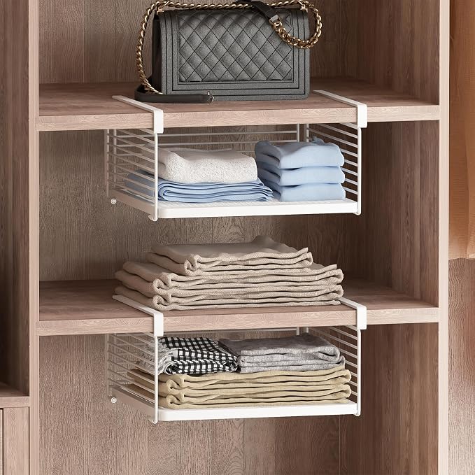 Under Shelf Storage Basket, Hanging Wire Basket with 1.13 Inches Thick Clips for Kitchen, Pantry or Laundry Room, Under Cabinet or Desk Storage Organizer, White, 13.75" L-Mesh Bottom, 2 Pack