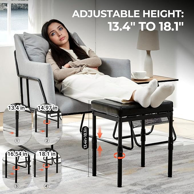 TIOPGHAD Adjustable Ottoman Pouf, 4 Height Position & 60 Degree Tilt Angle Synthetic Leather Ottomans Foot Stools Stool Pouffe FootStool Under Desk for Living Room Home Office(Black Synthetic Leather)