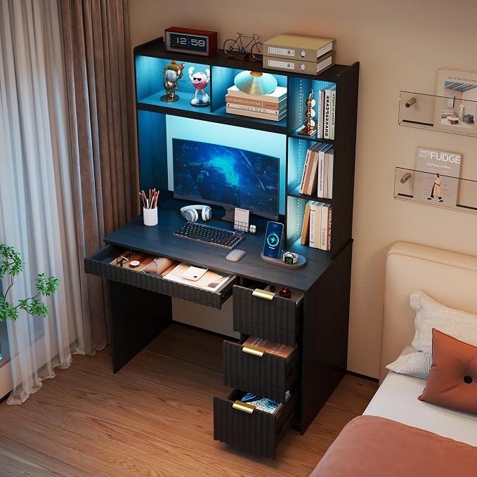 40" W Fluted Study Desk with Hutch and Storage Cabinet, Computer Desk with Power Outlet & LED Lights, Home Office Desk with Card-Based Lock for Study, Bedroom, Living Room, Retro Black
