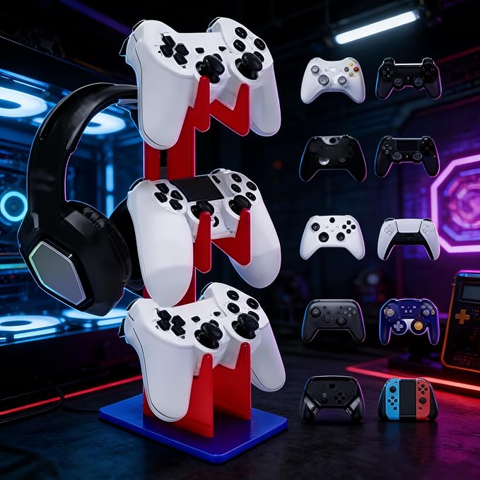 3-Tier Game Controller & Headphone Stand, Black Acrylic Storage Rack, Compatible with PS5/PS4/Xbox Series X/S/Switch Pro Controllers, Desktop Organizer for Gaming Accessories, Red