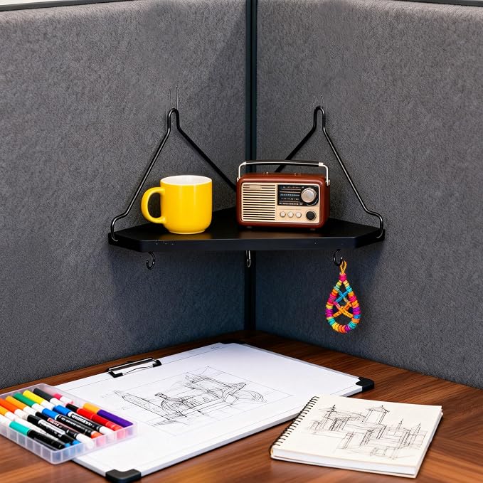 Black Cubicle Corner Shelf with Hooks for Fabric Walls, 2 Pack 12'' Wooden Office Cubicle Accessories for Work, Floating Wall Shelf for Decor