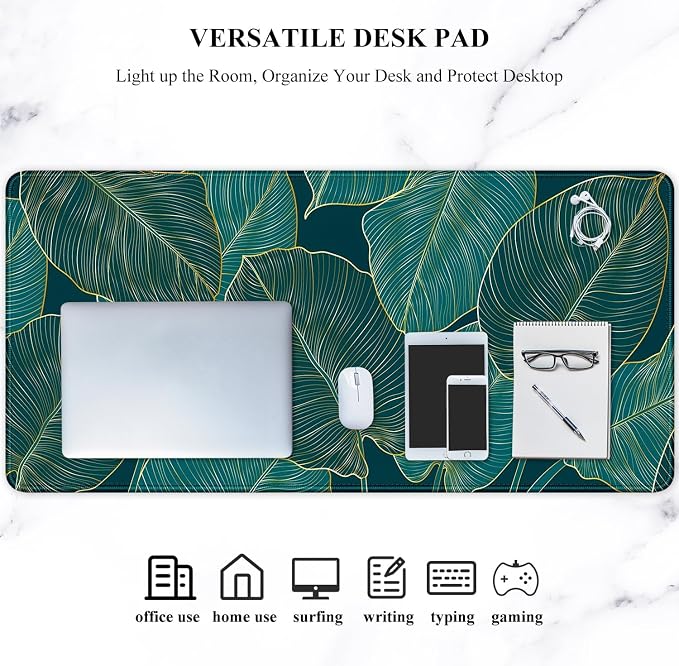 Auhoahsil Desk Pad, XL Extended Large Gaming Mouse Pad 31.5 x 11.8 Inch, Waterproof Mousepad with Stitched Edge, Non-Slip Computer Keyboard Laptop Mat for Women Men Office Work, Teal Tropical Leaves