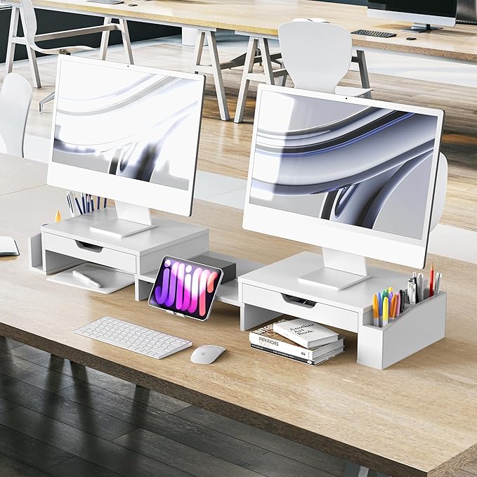 Simple Houseware Desk Dual Monitor Stand Riser with Pull-Out Drawers, White