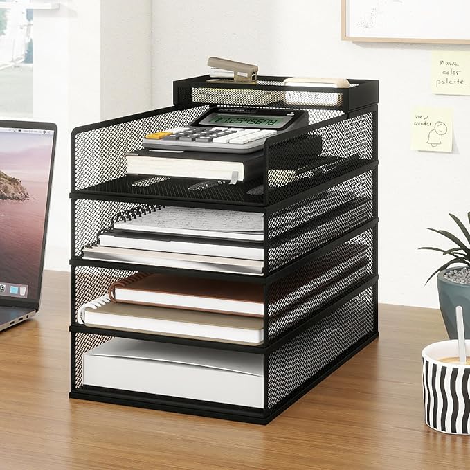 Natwind 4 Tier Stackable Paper Trays for Letter Documents, Desktop File Organizers for Office Supplies, Metal Mesh Desk Organizer,Office Organizer,Letter Trays for Home, Office, School,Black