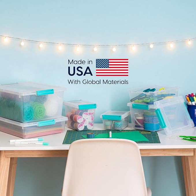 IRIS USA 1 Qt. Craft Storage Bins with Lids, 6-Pack, |Made in USA|, Clip Box, Small Plastic Sensory Bin Tote Organizer Containers for Art Supplies, Paper, & Office, Stackable - Clear/Seafoam Blue