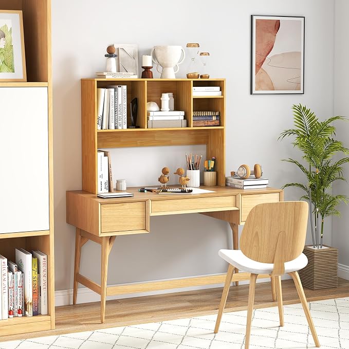 Giantex Desktop Bookshelf, Countertop Storage Hutch with 4 Shelves for Computer Desk, Dressing Tabletop Display Rack, Multipurpose Desk Hutch Storage Organizer for Home Office Dorm (Burlywood)