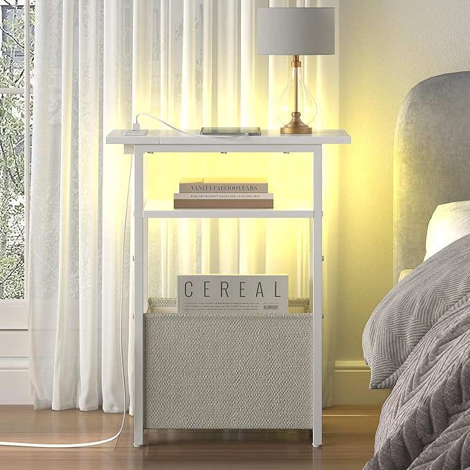 sthmec Narrow Side Table with Charging Station, LED End Table for Small Spaces, White Skinny Nightstands with Storage Basket, 3 Tier Sofa Bedside Tables for Living Room,Bedroom, White