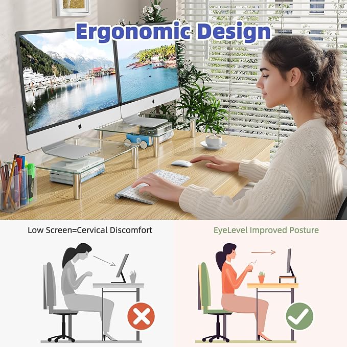 Simple Trending 2 Pack Tempered Glass Monitor Riser, Height Adjustable Desktop Stand for Laptop Printer TV