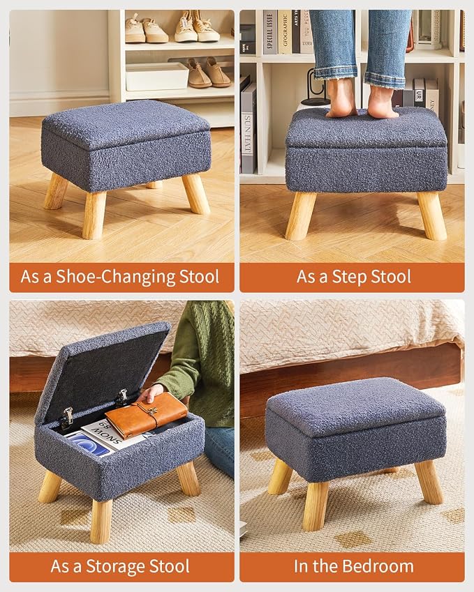 YMYNY Storage Ottoman,Small Foot Stool, 15.75"×11.81"×11.02" Blue,HBD042BU | Teddy Velvet, Sturdy Wood Legs, Foot Rest with Padded Seat, For Living Room Bedroom Couch Entryway