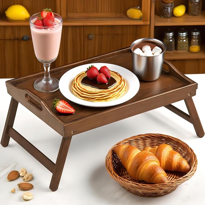 Bamboo Breakfast Tray Table with Folding Legs for Bed Table Sofa - Eating & Laptop Tray Bamboo with Folding Legs (Walnut)