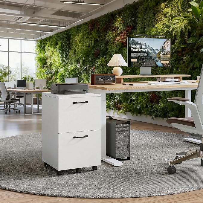 2 Drawer Filing Cabinet, Wood Rolling Filing Cabinets with Printer Stand, Under Desk Storage Lockable Wheels, Home Office Organizer for A4 Letter Legal Size Documents,White