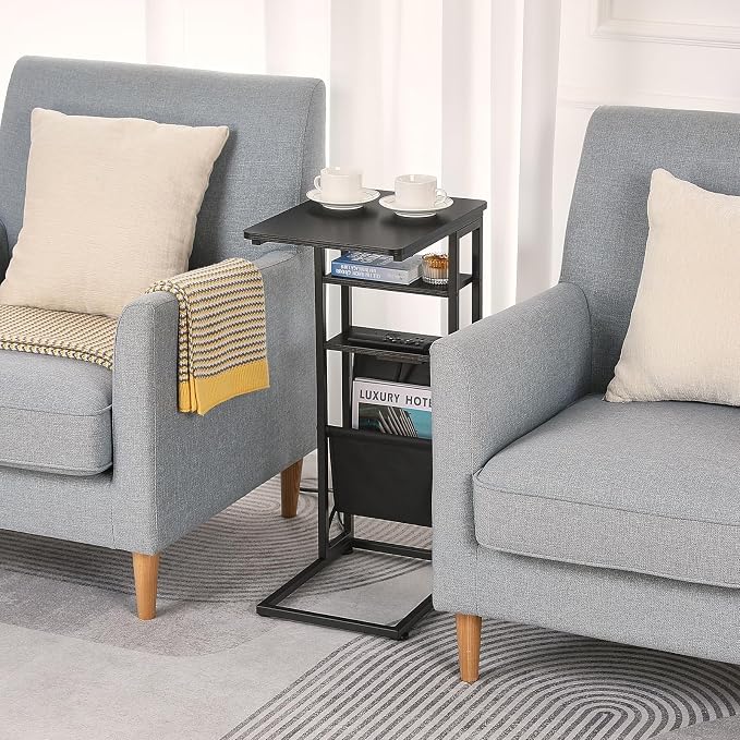C Shaped End Table with Charging Station, 28"(H) 3-Tier C Table with Storage Bag, Under Couch Table C-Shaped End Table with Storage Shelves and Bag for Living Room, Bedroom, or Office