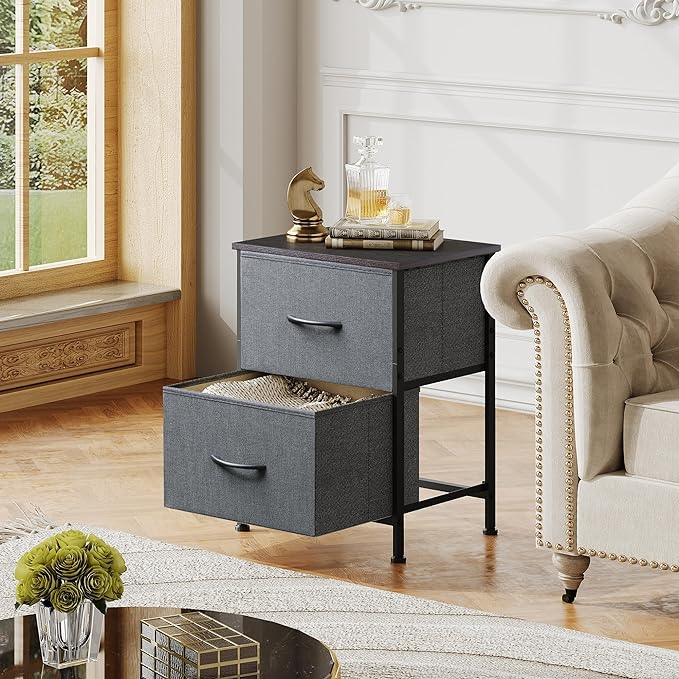 WLIVE Night Stand Set 2, Dresser and Nightstand Sets, Small Dresser for Bedroom with 2 Drawers, End Table with Fabric Bins for Closet, Bedside Furniture, College Dorm, Dark Grey