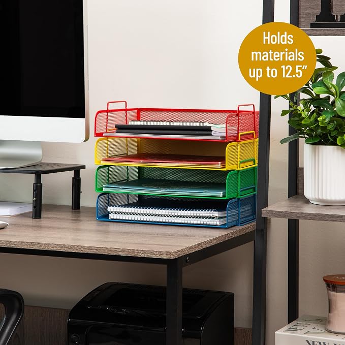 Mind Reader Stackable Paper Tray, Classroom Organizer, File Storage, Teachers, Metal Mesh, 4 Pcs., Multi-Colored