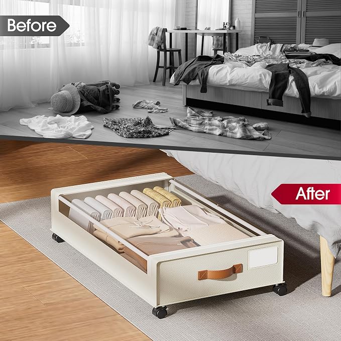 Yecaye Under Bed Storage with Wheels, 2 Pack Under Bed Storage Containers, 60L Underbed Shoe Storage with Clear Window & Label, Rolling Under Bed Metal Drawer for Clothes, Shoes, Books, Blankets
