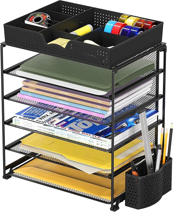 Simple Houseware 5-Tier Document File Tray with Sliding Drawer and Pen Bucket, Black
