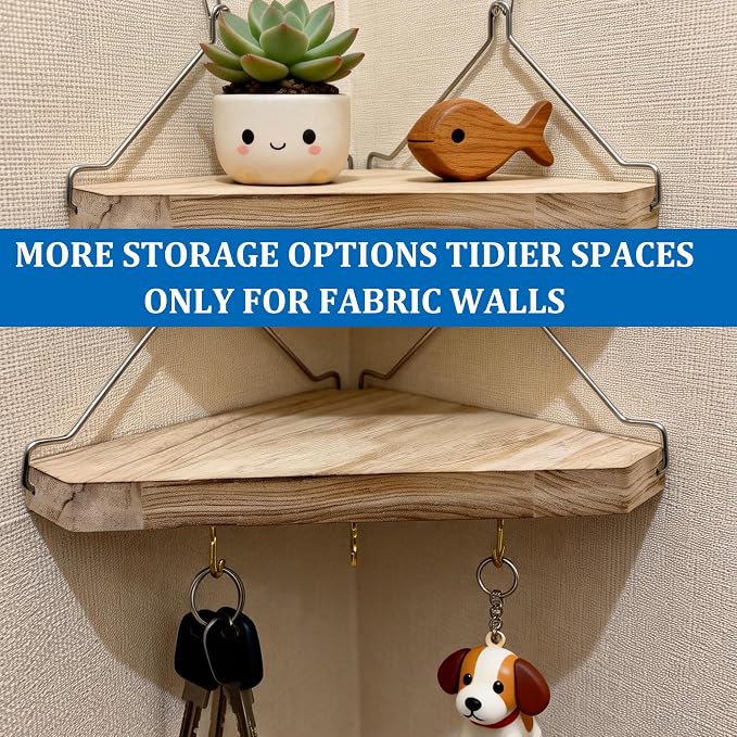 Fabric Wall Corner Shelf with Hooks, 2PCS Wooden Cubicle Organizer Storage Shelf with Hangers Cubicle Accessories for Women Men Desk Work/Office Decor - Space Saving - No Drill Istall