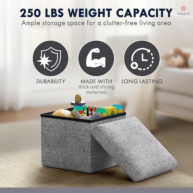 Ornavo Home Small Storage Ottoman, Set of 2 Foldable Collapsible Cube Square Linen Ottoman Foot Rest Stool Seat, for Living Room, Bedroom, Home Office, Dorm - 12 x 12 x 12, Gray