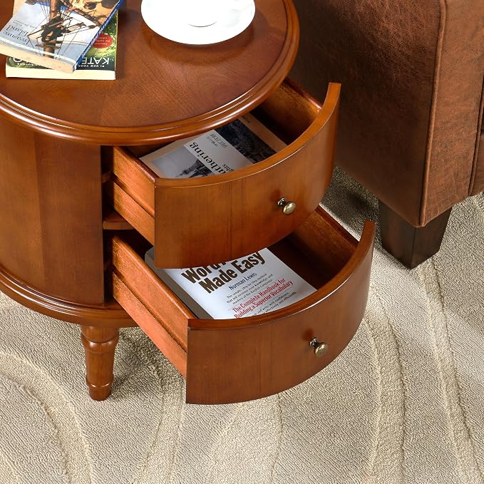 Set of 2Wood Side End Table with Tray Extension and Storage Drawers,Sofa Side Table with Round Legs,No-Tools Assembly,Telephone Table for Living Room,17.7”L x 19.7”W x 22.8”H Caramel CJZ-A1569-MG