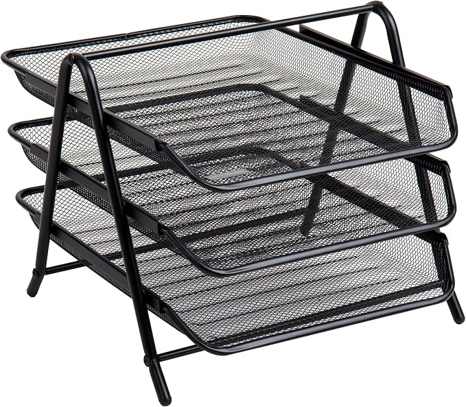 Mind Reader 3-Tier Paper Tray, Desktop Organizer, File Storage, Workspace, Office, Metal Mesh, 11.75"L x 13.75"W x 10"H, Black