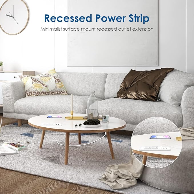 Recessed Power Strip 30W USB C,Furniture Flush Mount Desk Outlet,2 Outlets 4 USB Ports,Recessed Outlet for Side Table/Sofa Table,Ultra Thin Flat Plug Power Strip,3FT Cord (White)