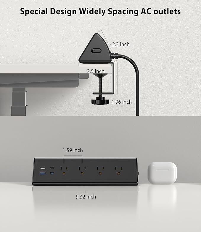 Jgstkcity Desk Clamp Power Strip,20W Fast Charging Station,Surge Protector Nightstand Edge Mount,1875W Extension Cord with Multiple Outlets,2 USB-C,2 USB-A,for Home Office (Black, 10 FT) (Pack of 2)