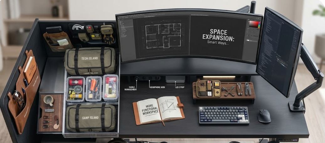 Smart desk space expansion solutions including extenders and clamp-on shelves