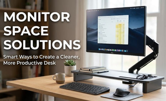 Monitor riser and desk shelf setup for improved posture and workspace organization