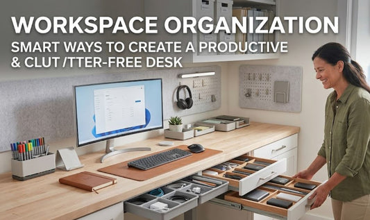 Organized desk setup with monitor riser, shelves, and storage for a clutter-free workspace