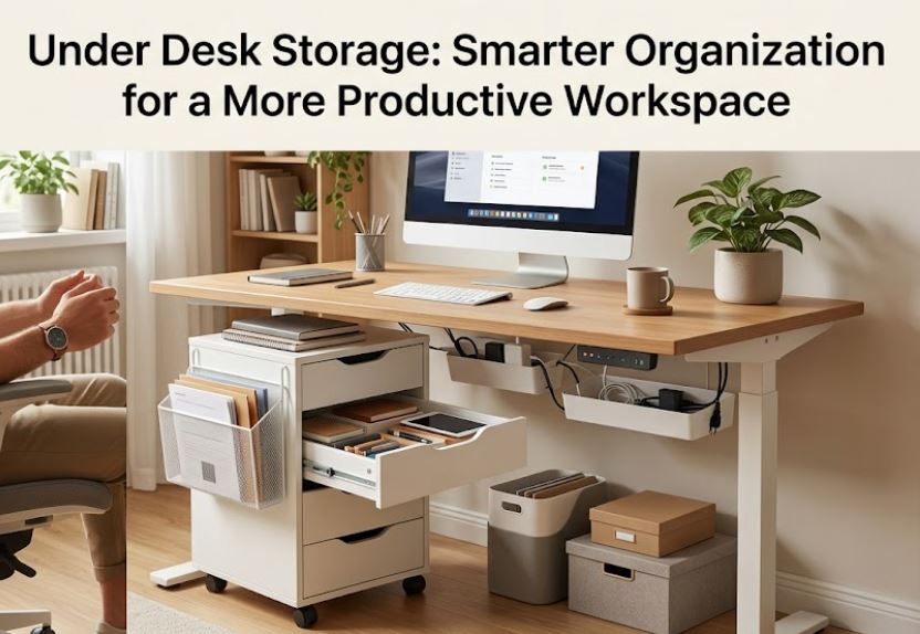 Under desk storage solutions including drawers, shelves, and headphone holders